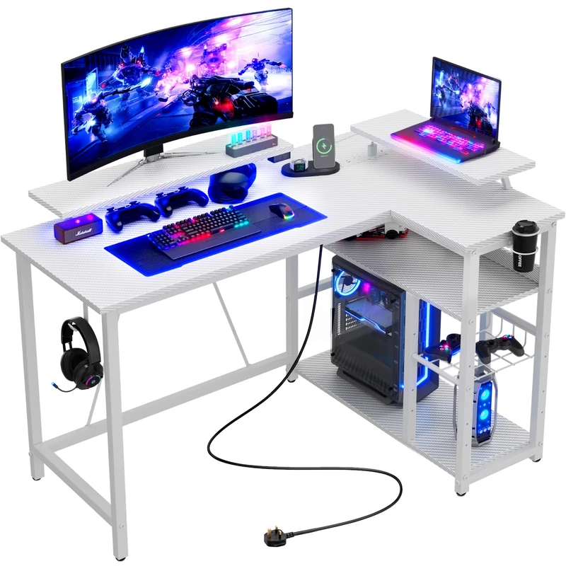 JUMMICO L‑Shaped Gaming Desk 120CM, Reversible Corner PC Table with Monitor Stand, Power Outlets, Storage Shelves, Headphone Hook & Cup Holder, White