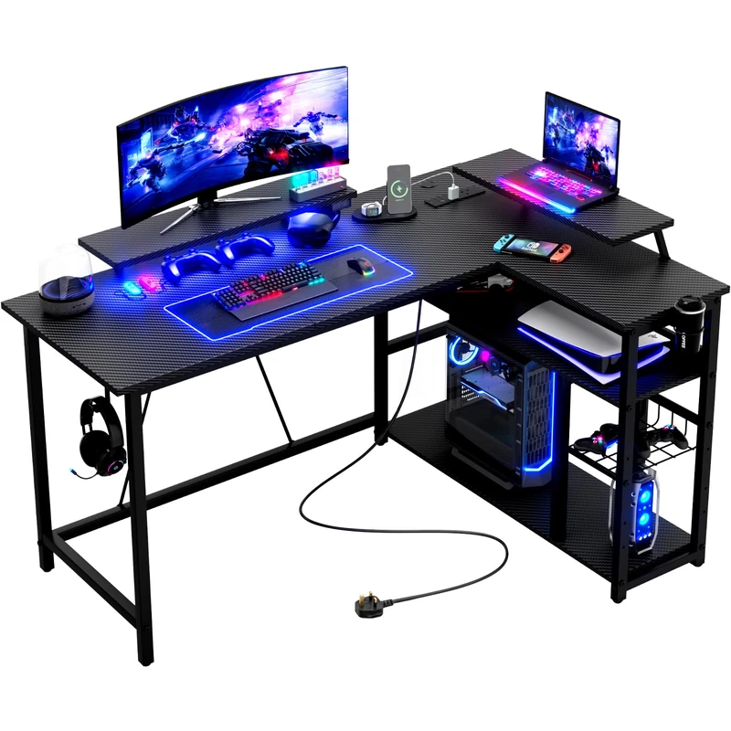 JUMMICO L‑Shaped Gaming Desk 140CM, Reversible Corner PC Table with Monitor Stand, Power Outlets, Storage Shelves, Headphone Hook & Cup Holder, Carbon Fiber Black