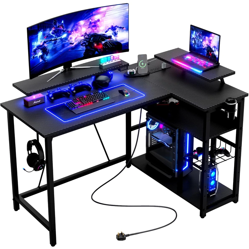 JUMMICO L‑Shaped Gaming Desk 120CM, Reversible Corner PC Table with Monitor Stand, Power Outlets, Storage Shelves, Headphone Hook & Cup Holder, Carbon Fiber Black