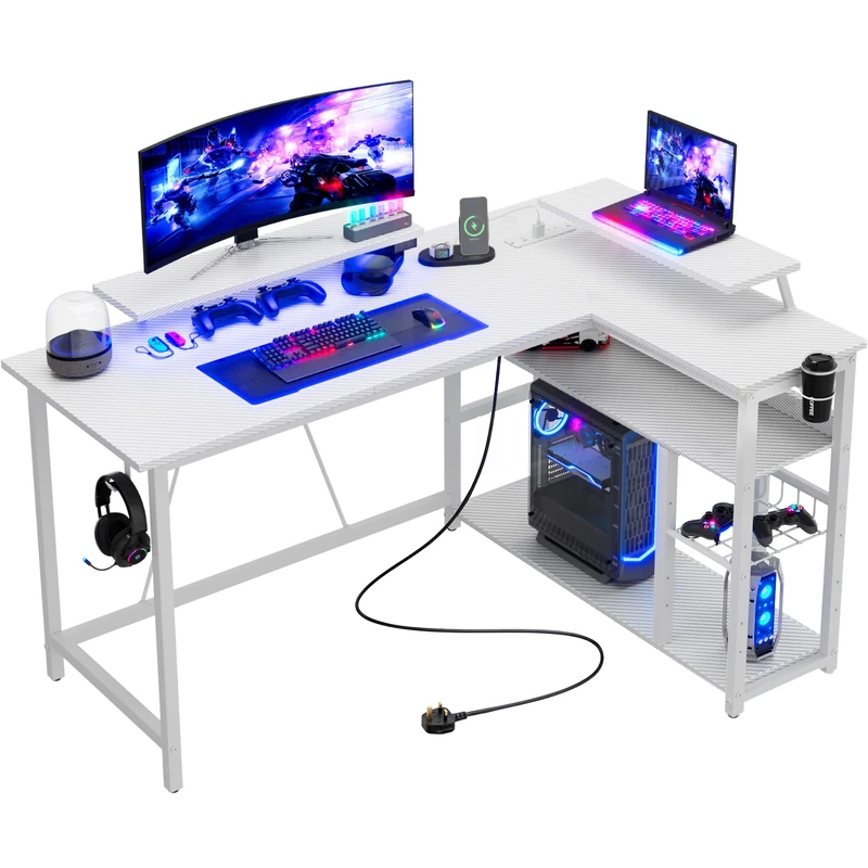 JUMMICO L‑Shaped Gaming Desk 140CM, Reversible Corner PC Table with Monitor Stand, Power Outlets, Storage Shelves, Headphone Hook & Cup Holder, White