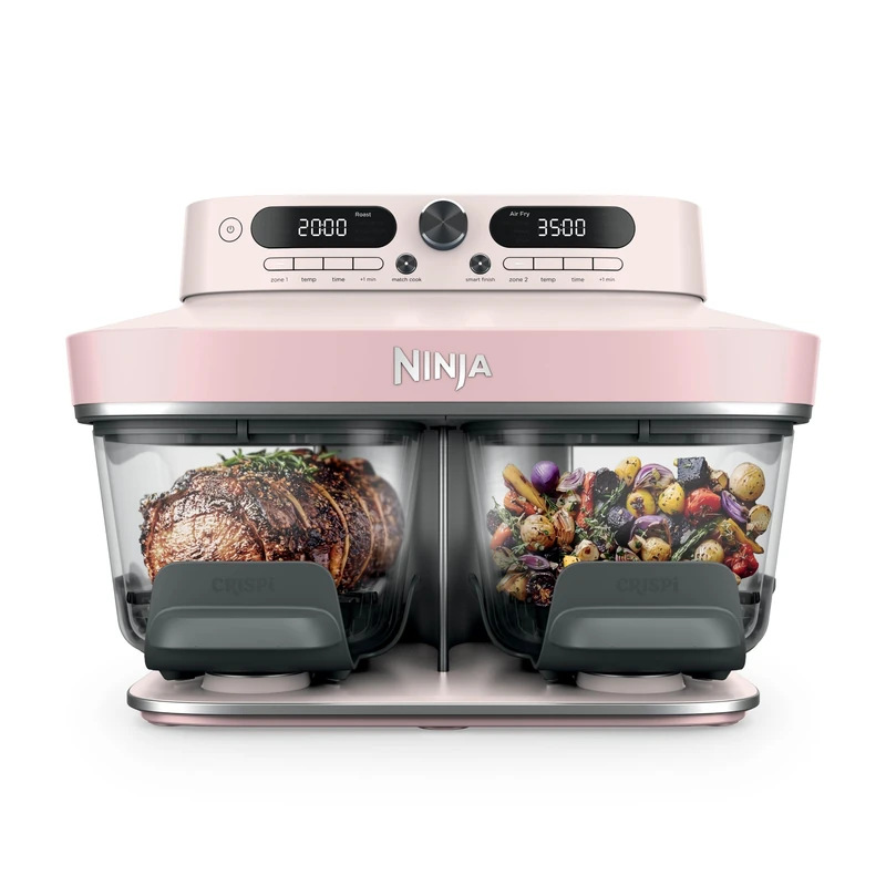 Ninja CRISPi DualZone 2-basket Glass Air Fryer, 8 Cooking Functions, Cook Two Foods at The Same Time, PFAS-Free Glass Containers, Includes Storage Lids, Rose Quartz DD102UKPK1