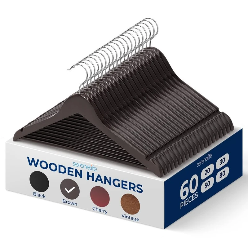 SereneLife 60 Pack Wooden Coat Hangers