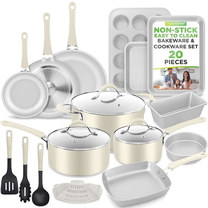 Nutrichef 20 Piece- Pots and Pans Set with Lids, Non-Stick Induction Cookware & Bakeware Set Frying Pans & Saucepans, Stay-Cool Handles, Easy Clean – White