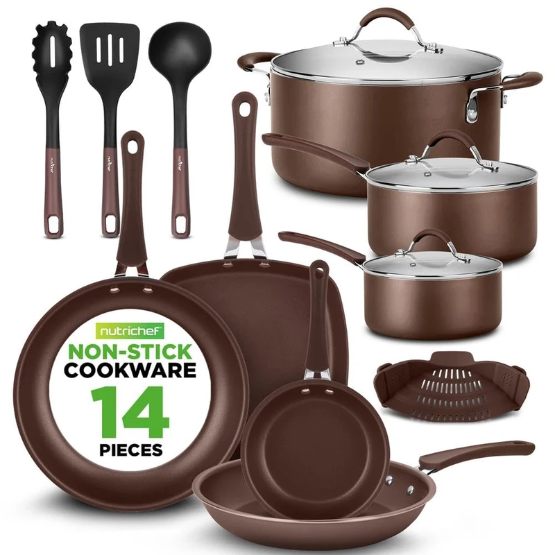 NutriChef Stackable Pots and Pans Set - Ceramic Non Stick Pan Set, Induction Hob Cookware Set, Premium Cooking Set w/Lids, Heat Resistant, 14 Pcs, Brown