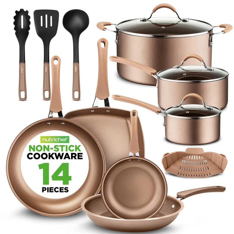 NutriChef 14-Piece Nonstick Brown Cookware Set - Scratch-Resistant Kitchen Pots and Pans with Lids & Utensils, for All Cooktops (Brown)