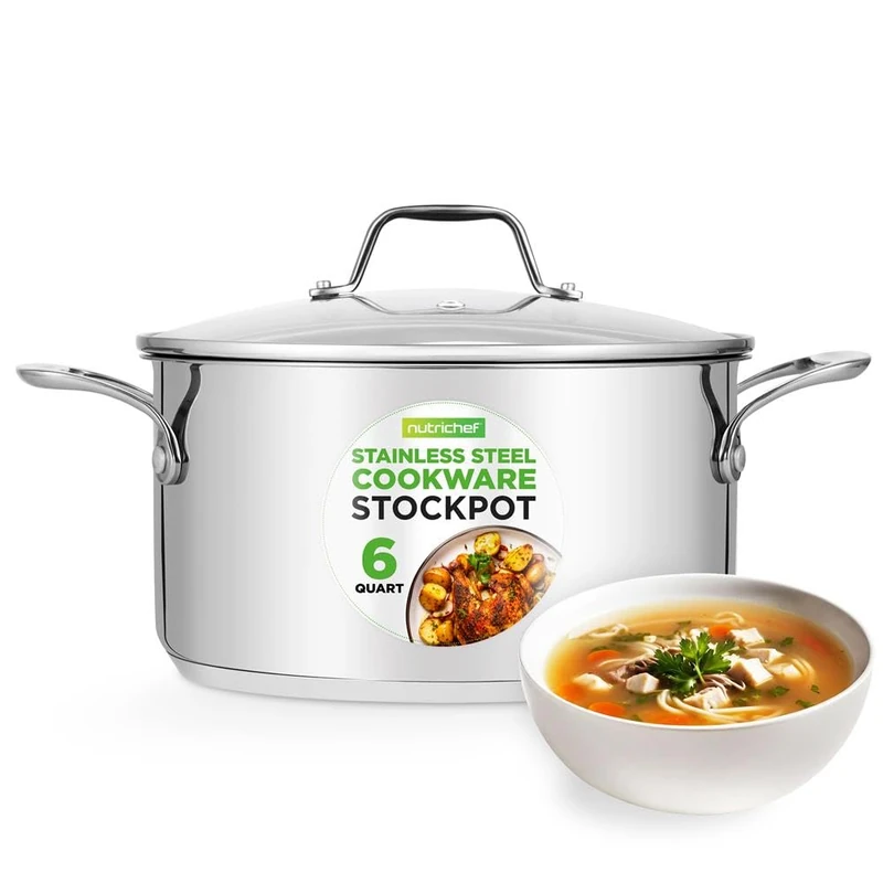 NutriChef 6 Quart Stainless Steel Stock Pot with Lid | Induction Cookware for Home & Commercial Use | Heavy Duty Cooking Pot for Boiling or Simmering Soup, Pasta, Seafood, and Sauces
