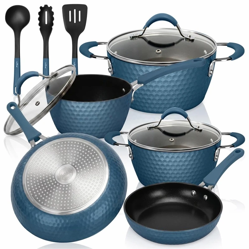 NutriChef 11 Piece Nonstick Cookware Set, Excilon Blue Diamond Ceramic, Dishwasher Safe, KitchenWare Pots and Pans Set with Saucepan, Frying Pans, Cooking and Dutch Oven, Lids