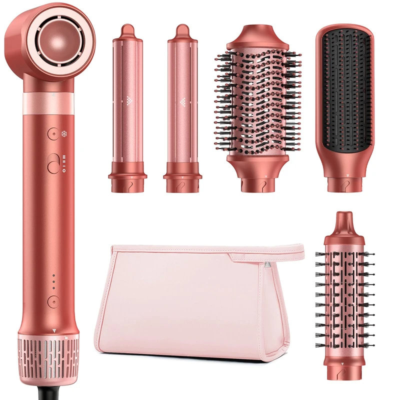 HITTIONA 6 in 1 Air Styler Hair Dryer Brush, 1500W 110,000 RPM High-Speed Styler with Auto-Wrap Curlers, Ionic Multi Hair Styler for Drying, Curling, Smoothing & Volumising, Storage Case, Red