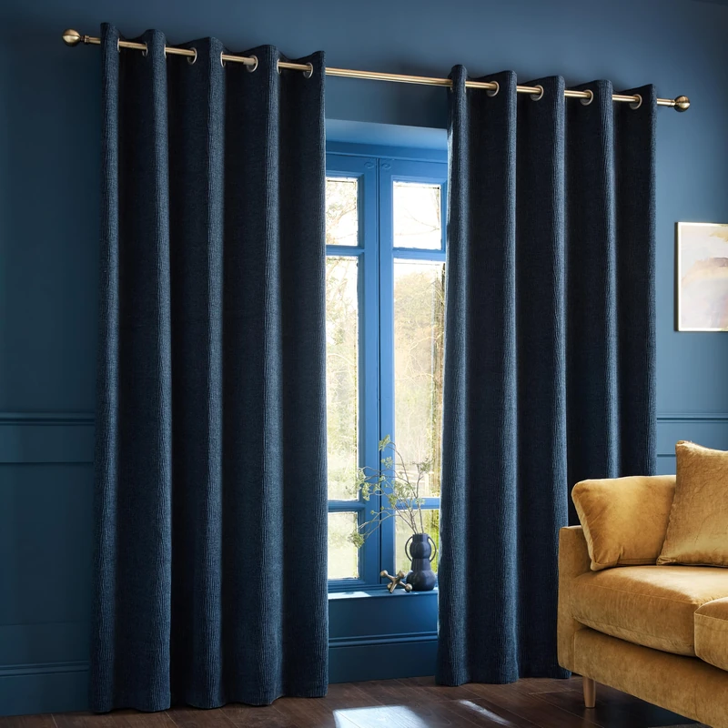 Catherine Lansfield Crinkle Chenille 46x54 Inch Eyelet Curtains Blue
