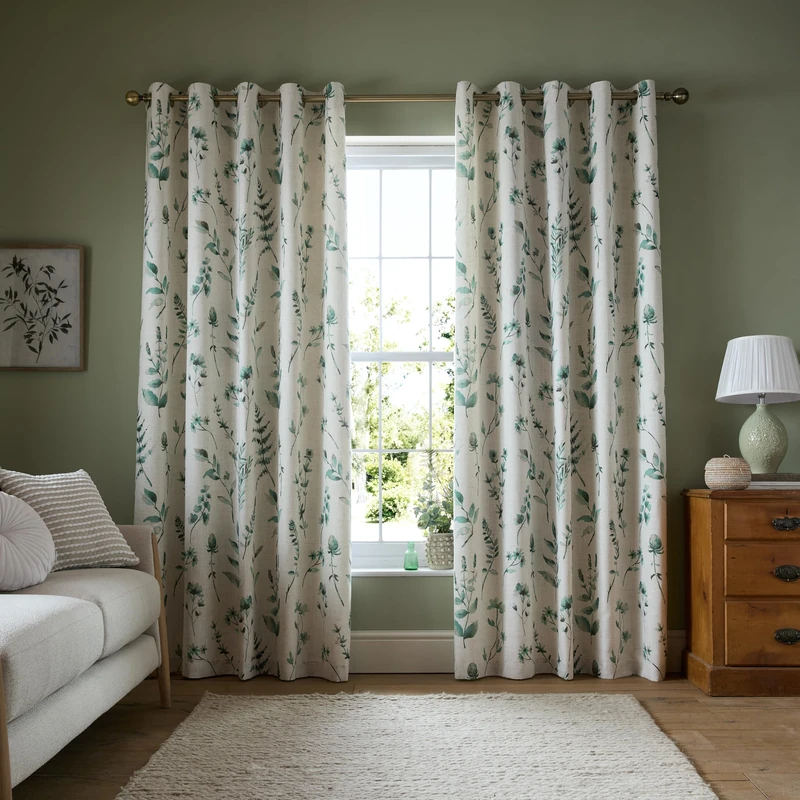 Catherine Lansfield Watercolour Leaves 66x72 Inch Eyelet Curtains Natural/Green