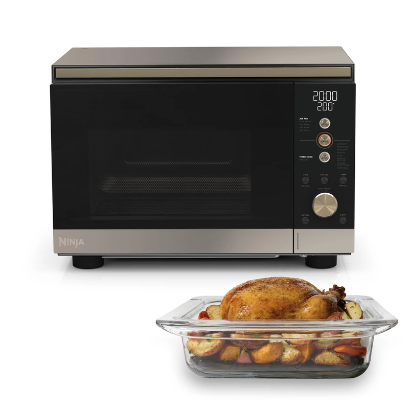 Ninja CRISPi Microwave and Air Fryer, FusionCrisp Technology, 8 Microwave and 5 Air Fry Presets, Includes 5.2L PFAS-Free Glass Cooking Dish, Removable Crisper Tray, Stone & Gold MW101UKSDBRN