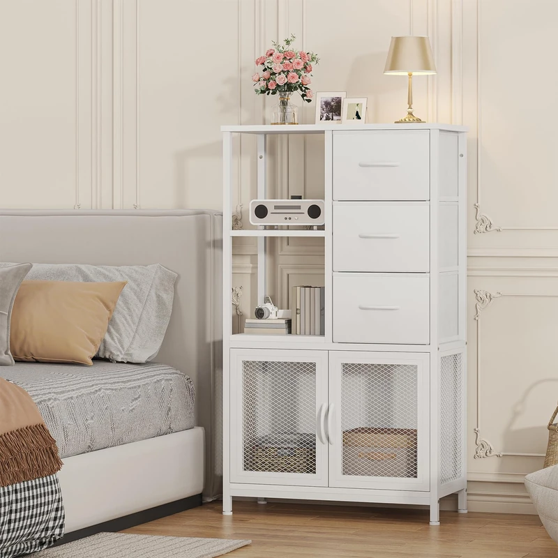 Feonase 3 Drawer Fabric Storage Cabinet with Open Shelves and Double Mesh Doors, Narrow Bedroom Storage Unit with Steel Frame and Wood Top for Hallway, Living Room or Home Office,White