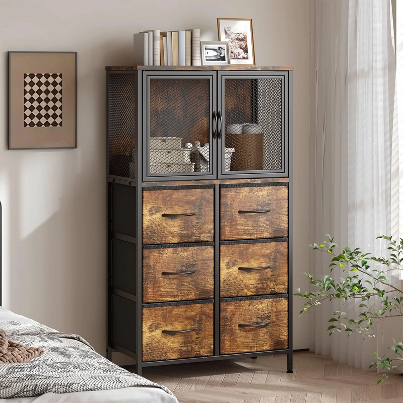 Feonase 6 Drawer Fabric Chest of Drawers with Double Door Storage Cabinet, Tall Narrow Dresser with Mesh Cupboard, Metal Frame and Wood Top for Bedroom, Hallway and Living Room, Rustic Brown