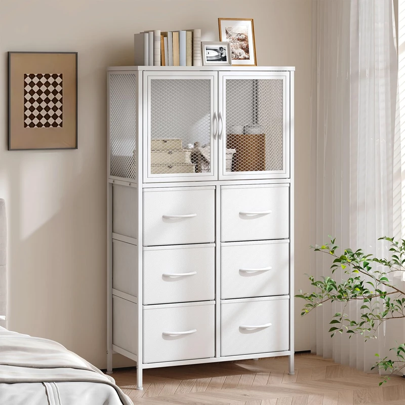 Feonase 6 Drawer Fabric Chest of Drawers with Double Door Storage Cabinet, Tall Narrow Dresser with Mesh Cupboard, Metal Frame and Wood Top for Bedroom, Hallway and Living Room, White
