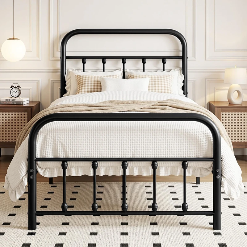 VECELO Single Metal Bed Frame with High Vintage Headboard, 90 x 200 cm Platform, Steel Slat Support, Underbed Storage, Easy Assembly, Black