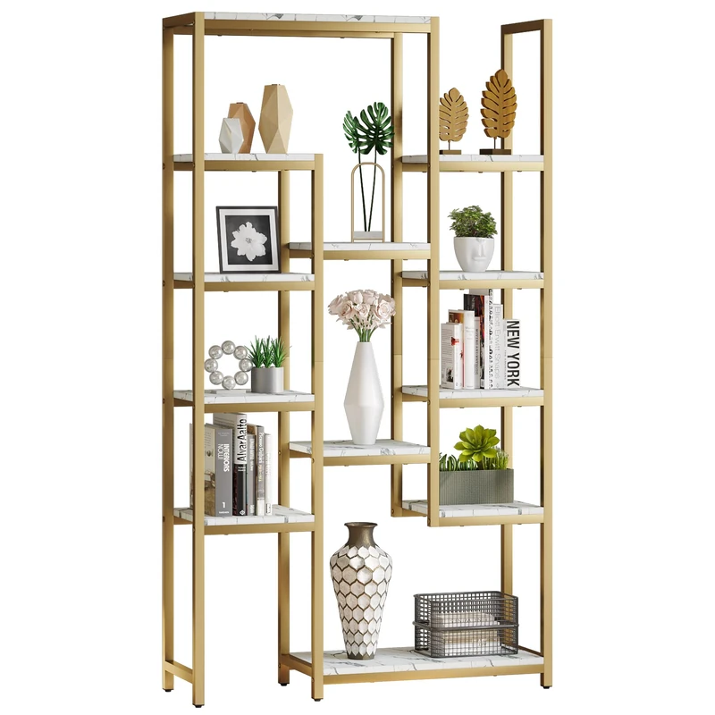 YITAHOME 6-Tier Bookcase, Slim Shelving Unit,Marble Finish,Gold Metal Frame