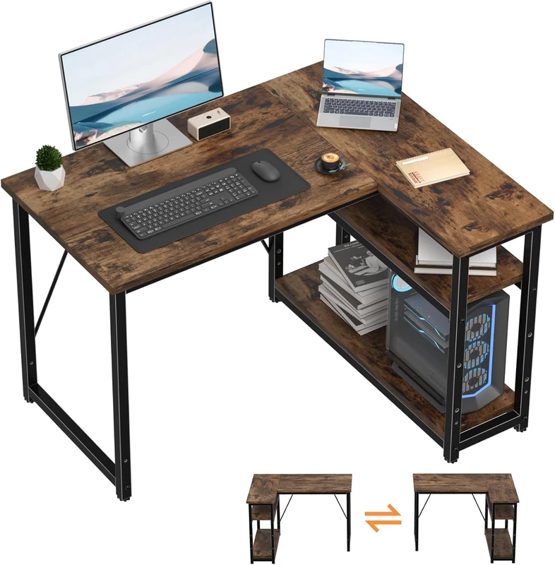 TRIUMPHKEY 100 * 80cm L Shaped Computer Desk with Reversible Large Storage Shelves Walnut Brown