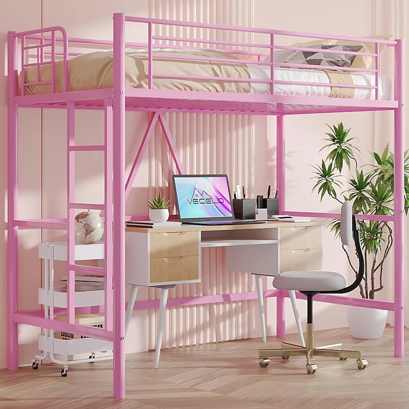 VECELO High Sleeper Bed, Single Size Metal Bunk Bed, Loft Bed Frame 90×190cm with Removable Ladder and Safety Guardrail, Space-Saving, Noise Free, No Box Spring Needed, Pink