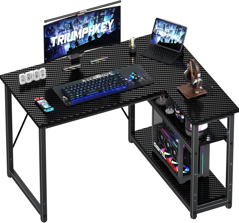 TRIUMPHKEY 100 * 80cm L Shaped Computer Desk with Reversible Large Storage Shelves CarbonBlack