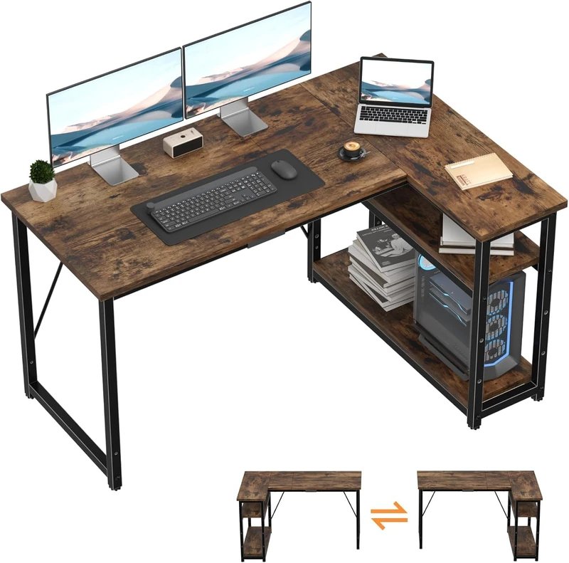 TRIUMPHKEY 120 * 80cm L Shaped Computer Desk with Reversible Large Storage Shelves Walnut Brown