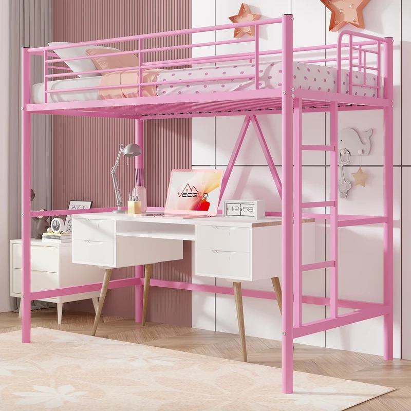 VECELO Metal Bunk Bed Single Size, High Sleeper Bedframe 90×190cm with Removable Ladder and Safety Guardrail, Space-Saving, Noise Free, No Box Spring Needed, Pink