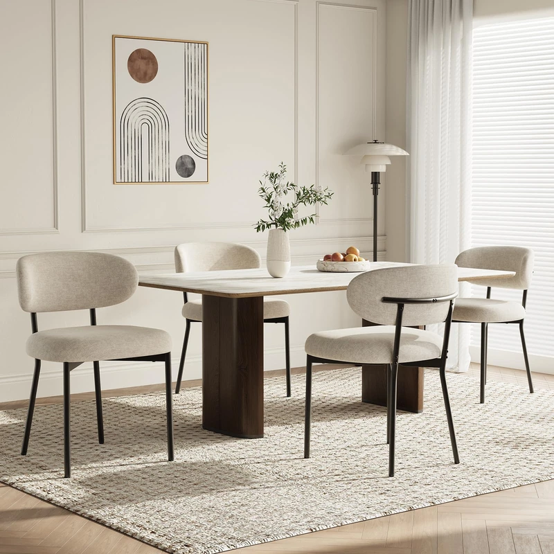 MALOL Dining Chairs Set of 4, Fabric Chairs for Dining Room with Metal Legs & Curved Backrest & Thick Cushion, Upholstered Kitchen Chair with Anti-Slip Pads, Camel