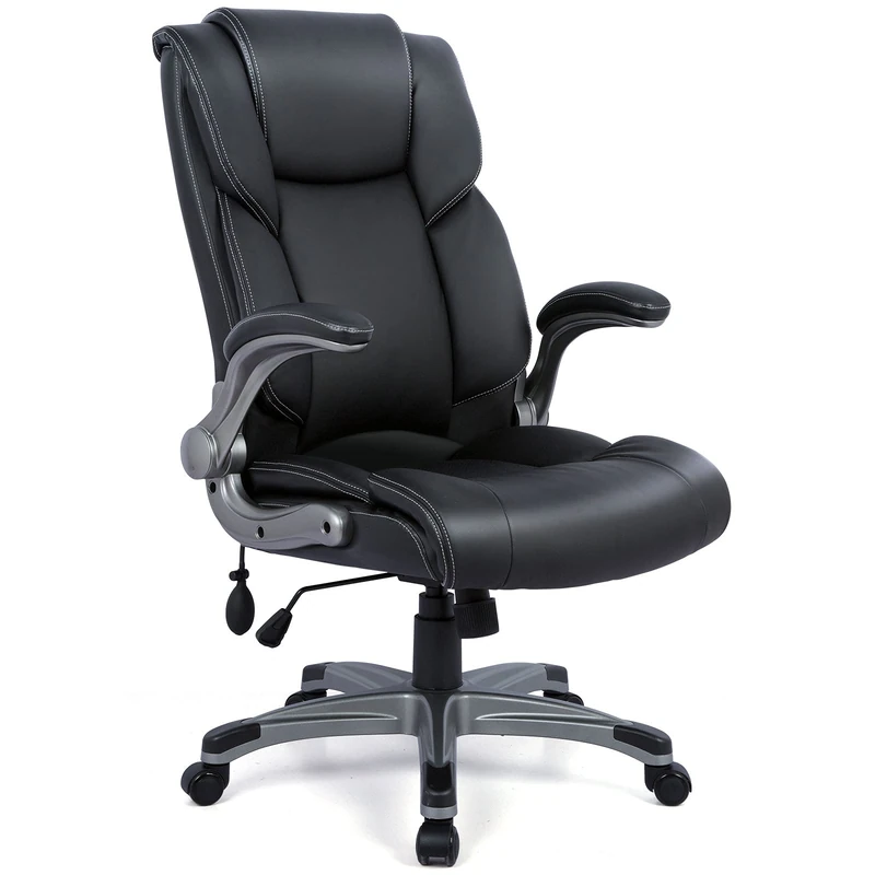 COLAMY High Back Executive Office Chair- Ergonomic Home Computer Desk Leather Chair with Padded Flip-up Arms, Adjustable Tilt Lock, Swivel Rolling Chair for Adult Working Study, Black