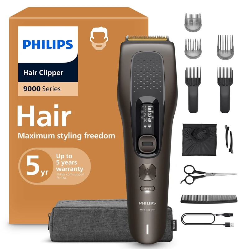 Philips Hair Clipper 9000 Series − Hair Trimmer for Men & Women, Self-Sharpening Blades, 28 Length Settings in 1 mm Steps, Trim and Flow Comb, Up to 180 Min. Runtime, 4-piece Barber Kit, HC9721/15