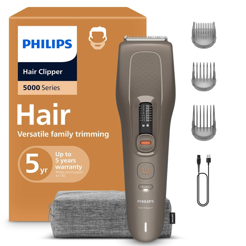 Philips Hair Clipper 5000 Series − Hair Trimmer for Men & Women, Self-Sharpening Steel Blades, 16 Length Settings in 2 mm Steps, Trim and Flow Comb, Up to 90 Min. Runtime, Model HC5734/15