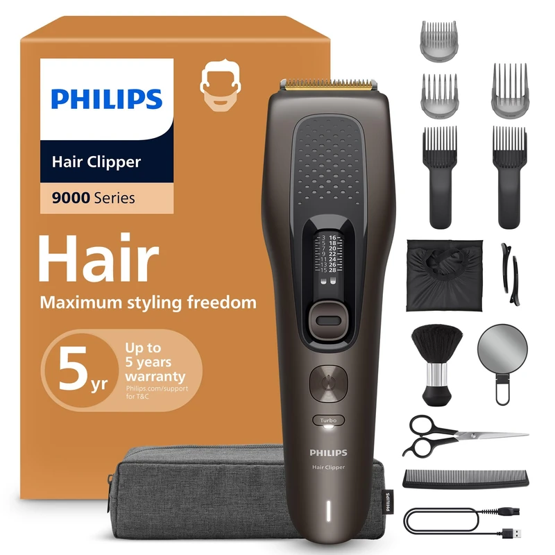 Philips Hair Clipper 9000 Series − Hair Trimmer for Men & Women, Self-Sharpening Blades, 28 Length Settings in 1 mm Steps, Trim and Flow Comb, Up to 180 Min. Runtime, 5-piece Barber Kit, HC9723/15