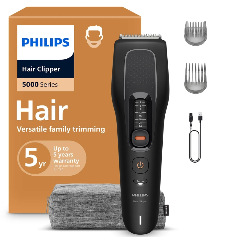 Philips Hair Clipper 5000 Series − Hair Trimmer for Men & Women, Self-Sharpening Steel Blades, 10 Length Settings in 3 mm Steps, Trim and Flow Comb, Up to 75 Min. Runtime, Model HC5721/15