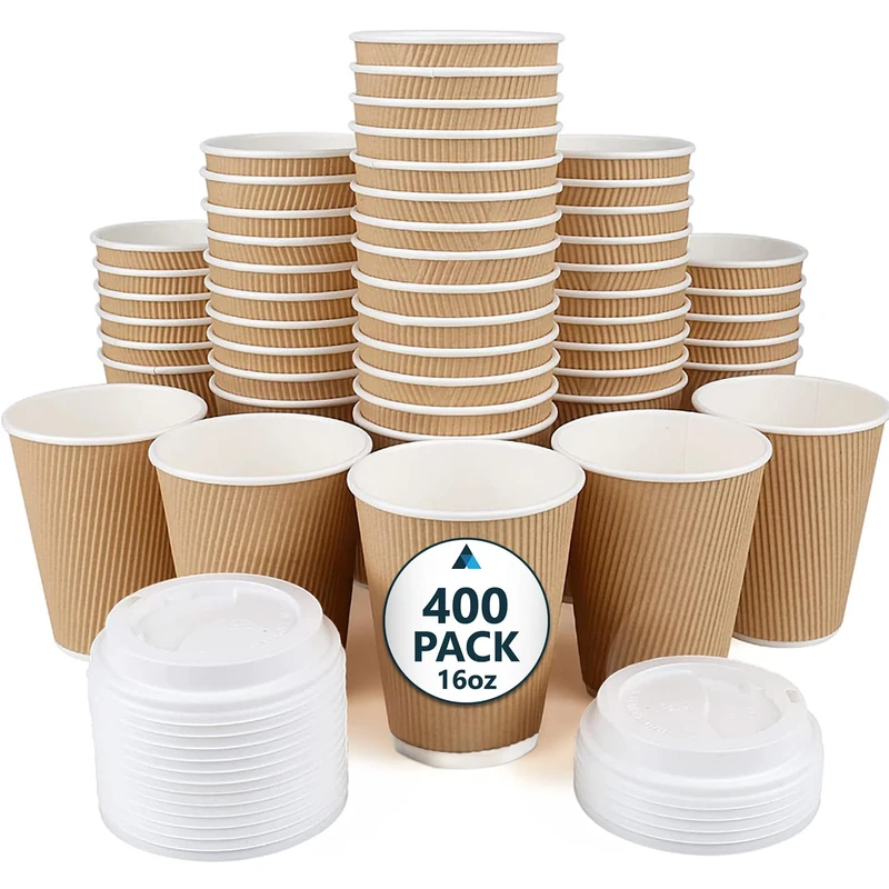16oz Brown Ripple Coffee Cups with Lids, Takeawye coffee cups Pack of 400