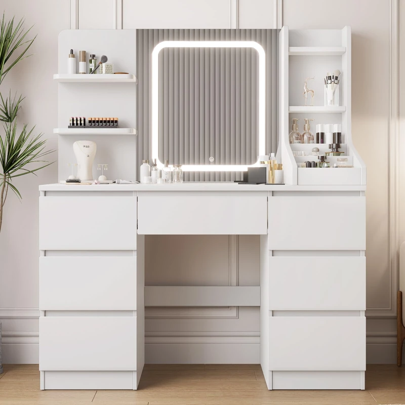 TRIUMPHKEY Dressing Table with LED Mirror, Vanity Desk with Drawers