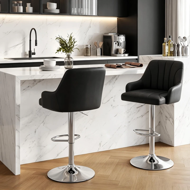 VECELO Bar Stools Set of 2, Adjustable Barstools, Counter Height Stools with Back and Arm, Kitchen Island Stools, Swivel PU Chairs for Pub, Dining Room, Modern Style, Black