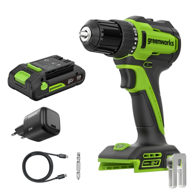 Greenworks 24V Cordless Brushless 35Nm Drill Driver with 2Ah USB-C Battery, 30W Charger and 100W Cable (Lightweight, LED Work Light, 19+1 Clutch) DD335