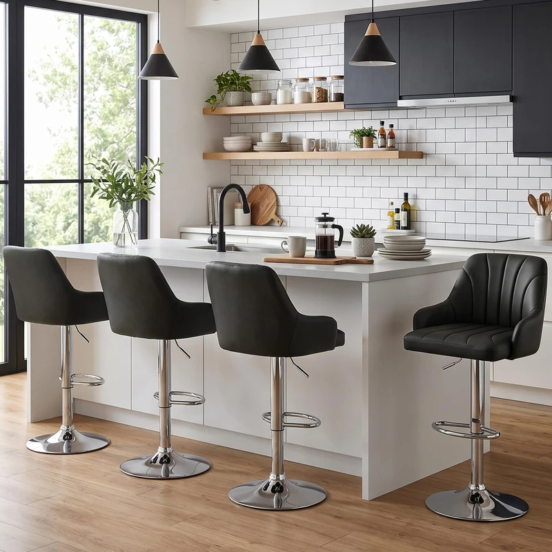 VECELO Bar Stools Set of 4, Adjustable Barstools, Counter Height Stools with Back and Arm, Kitchen Island Stools, Swivel PU Chairs for Pub, Dining Room, Modern Style, Black