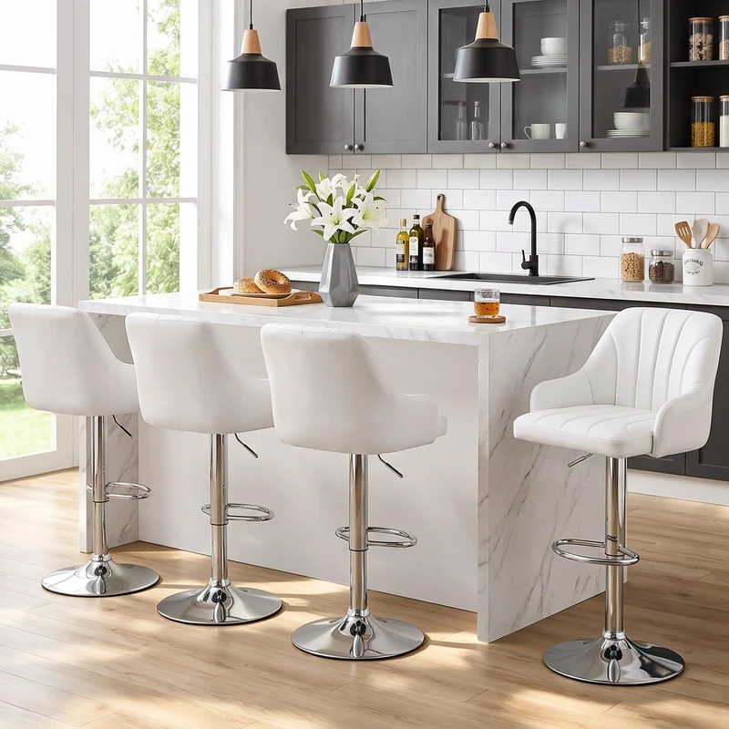 VECELO Bar Stools Set of 4, Adjustable Barstools, Counter Height Stools with Back and Arm, Kitchen Island Stools, Swivel PU Chairs for Pub, Dining Room, Modern Style, White