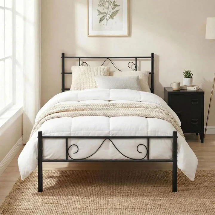 MEUBLE COSY 3ft Single Metal Bed Frame with Headboard, Platform Bed, Black