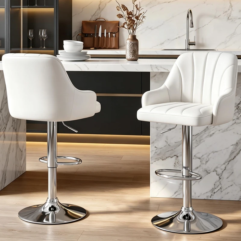 VECELO Bar Stools Set of 2, Adjustable Barstools, Counter Height Stools with Back and Arm, Kitchen Island Stools, Swivel PU Chairs for Pub, Dining Room, Modern Style, White