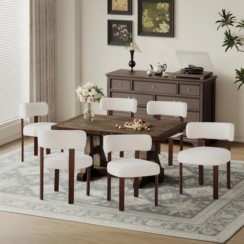 COLAMY Wooden Dining Chairs Set of 6, Fabric Chairs for Dining Room with Open Curved Backrest and Thick Seat Cushion, Upholstered Kitchen Chair with Anti-Slip Pads, Beige