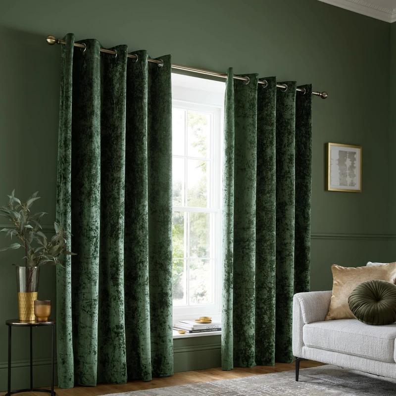Catherine Lansfield Crushed Velvet 66x90 Inch Eyelet Curtains Olive Green