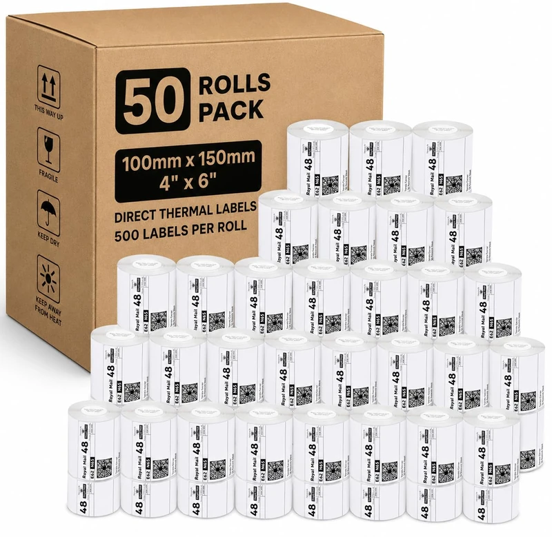iSOUL 4X6 Direct Thermal Printer Labels Roll 100mm x 150mm 500 White Permanent Adhesive Shipping Labels Rolls Compatible with Etsy, Shopify, Amazon, Royal Mail, FedEx (50 Rolls)