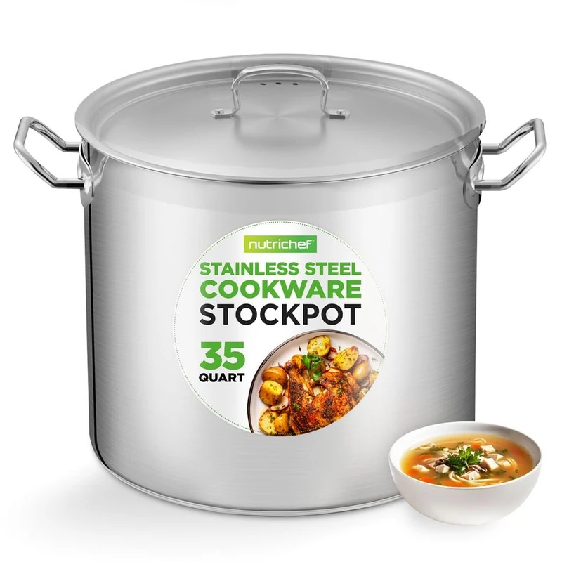 NutriChef Stainless Steel Stock Pot with Lid, 31 L Big Stockpots for Stew, Soup, Pasta, Meat- Induction Ready, Large Cooking Pot with Ergonomic Handles, Uncoloured