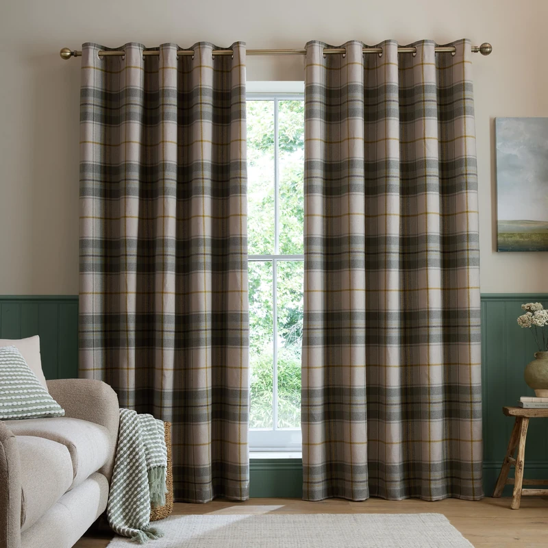 Catherine Lansfield Brushed Woven Glencoe Check 46x54 Inch Eyelet Curtains Green