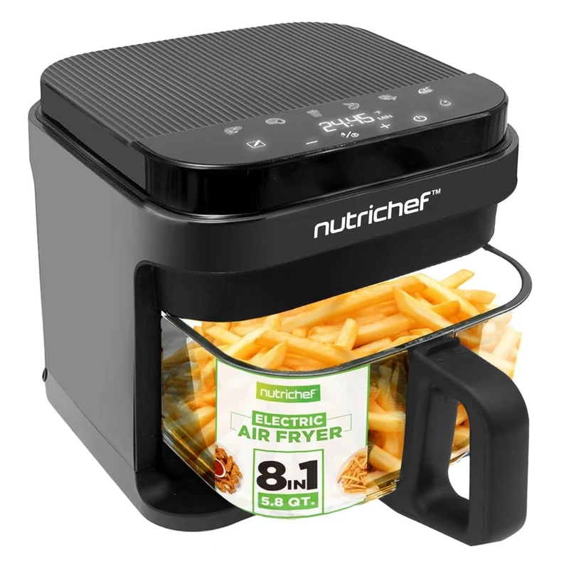 NutriChef Glass Air Fryer, 5.5L, 8 Presets, Cool-Touch Handle, Black