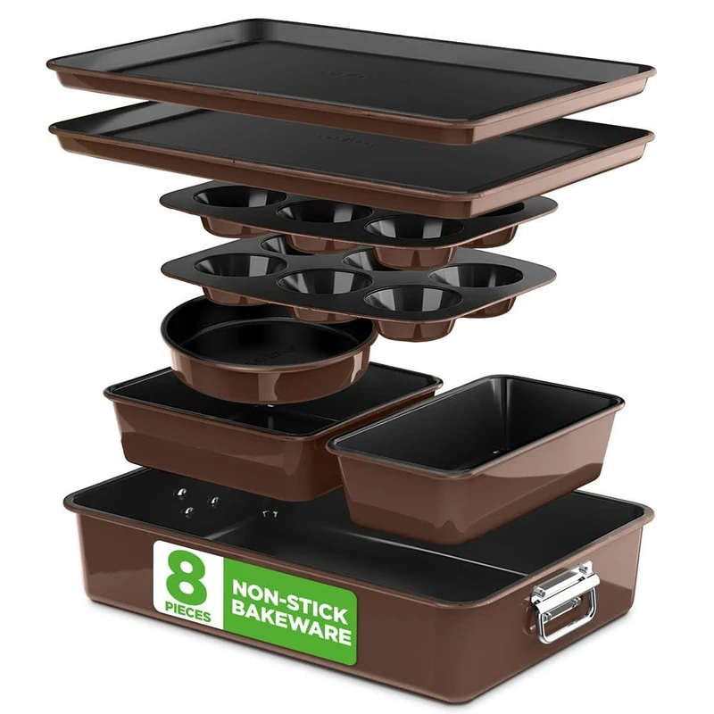 NutriChef Bakeware Set - Stackable Non-Stick Carbon Steel 8pc, Dark Brown