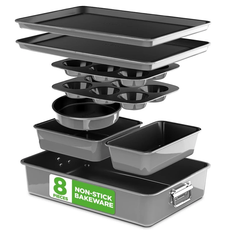 NutriChef Bakeware Set - Stackable Non-Stick Carbon Steel 8pc, Light Grey