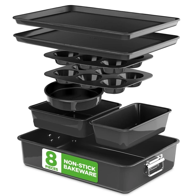 NutriChef Bakeware Set - Stackable Non-Stick Carbon Steel 8pc, Jet Black