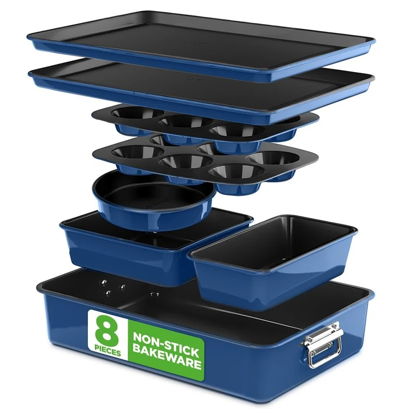 NutriChef Bakeware Set - Stackable Non-Stick Carbon Steel 8pc, Dark Blue