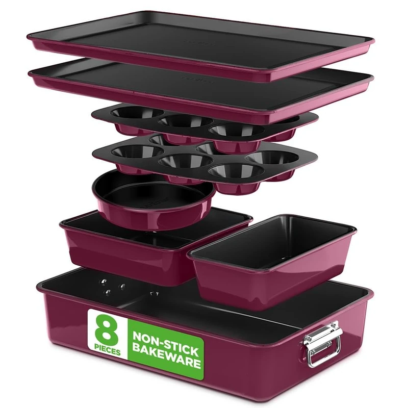 NutriChef Bakeware Set - Stackable Non-Stick Carbon Steel 8pc, Plum